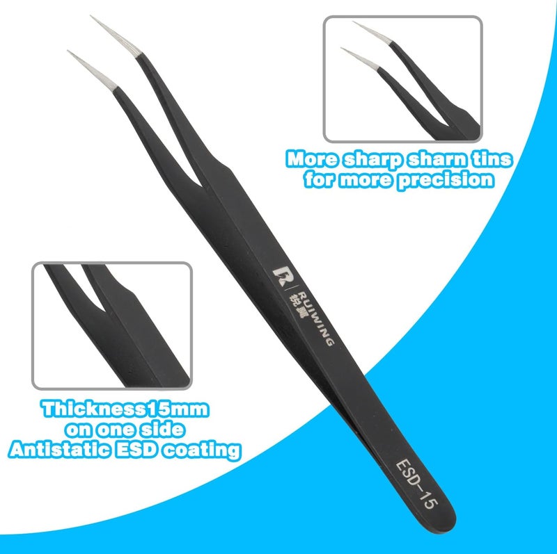 RuiWing 6PCS Precision Tweezers Set, ESD Anti-Static Heavy-Duty Stainless Steel Electronic Tweezers for Electronics Repair, Laboratory, Soldering, Jewelry Making Tools Straight & Curved Tips, Precision Tools - Image 4